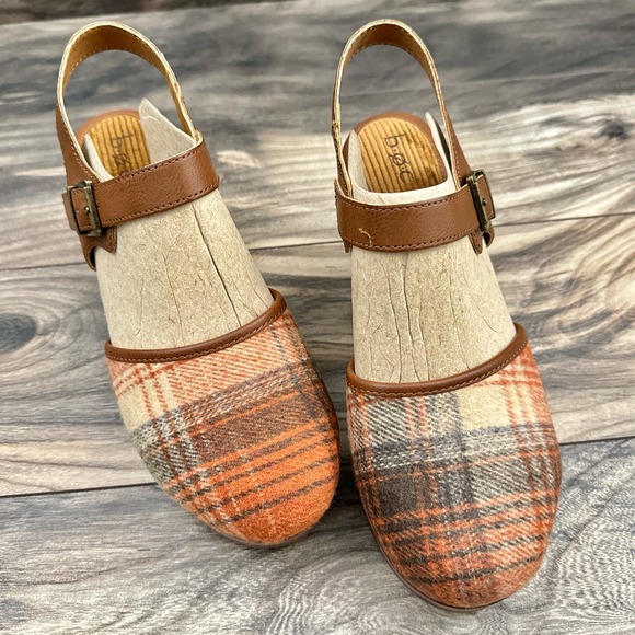 NIB BOC Born Natasha II 9M Closed Toe Ankle Strap Mary Jane Clogs Orange Plaid - Picture 3 of 11
